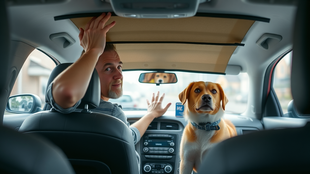 Attentive pet owner setting up sunshade in car, calm dog in back seat, demonstrating how to protect your pet during a heatwave and reduce risks of a hot car