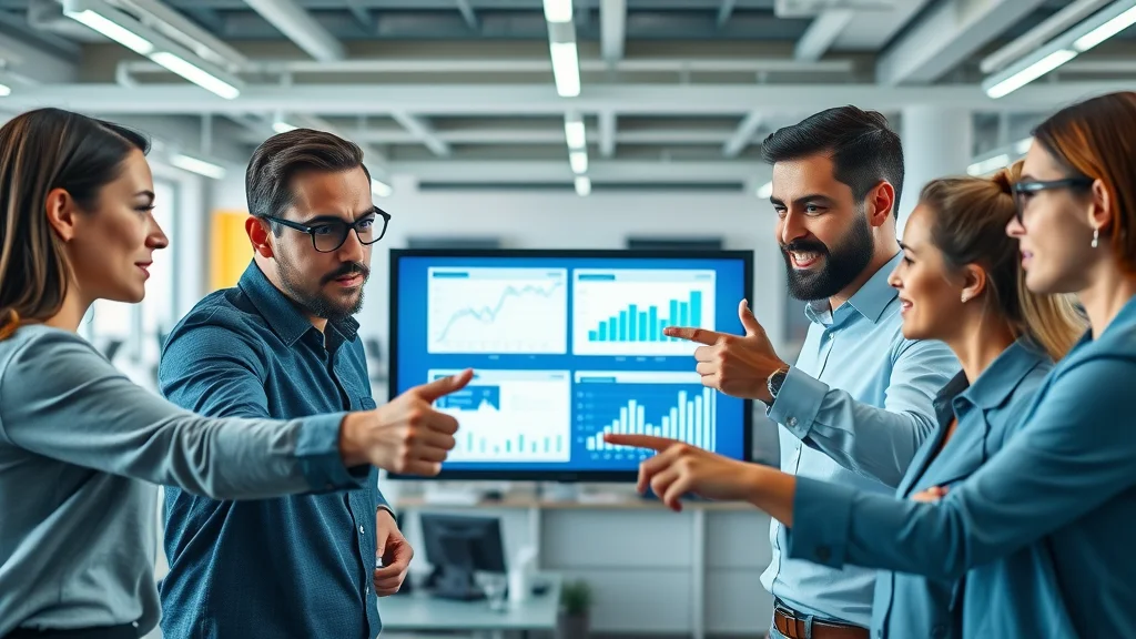 Dynamic professional services team collaborating with AI-powered analytics on digital screens in a modern office.