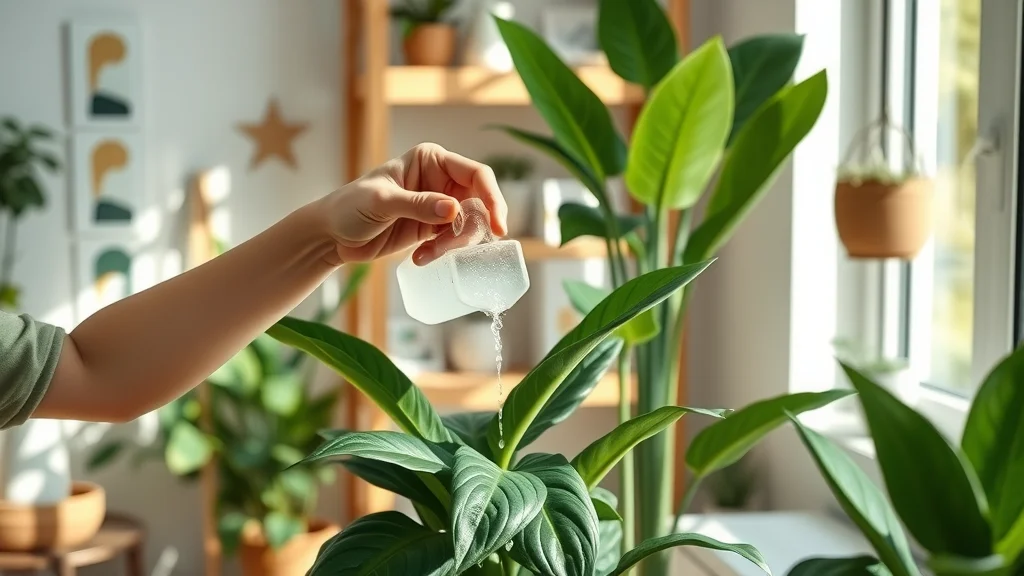 Caring hands tending to an exotic plant—practicing the essentials of plant care in a modern, sunlit home with thriving exotic tropical plants.