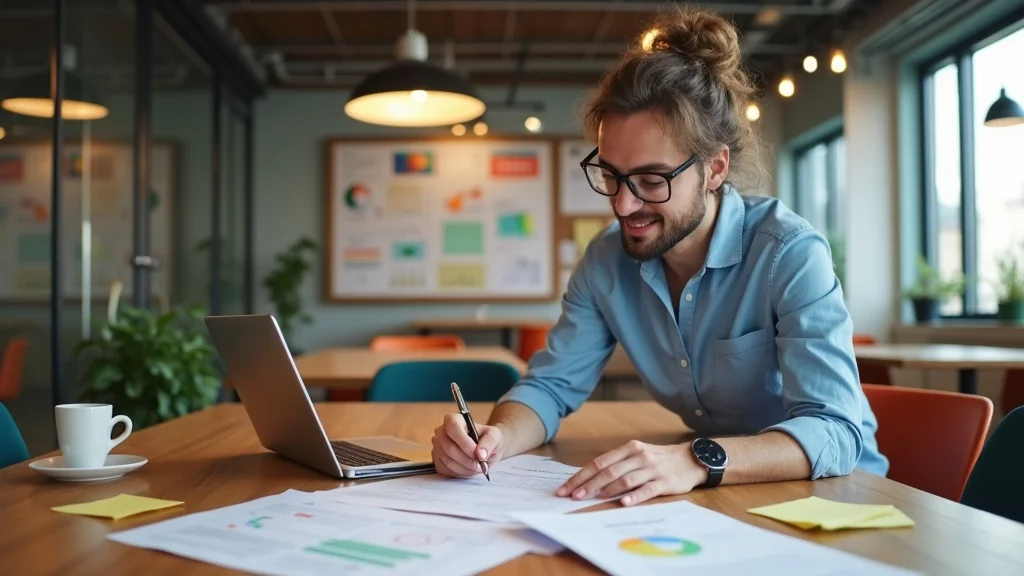 Startup founder preparing paperwork for a business loan application at a coworking conference table, organized and hopeful.