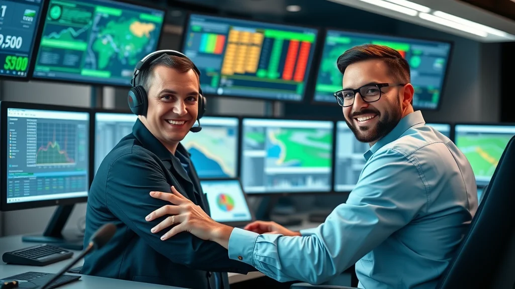 Dispatcher and driver team collaborating in a high-tech trucking management software solution control room with digital route and fuel cost analytics