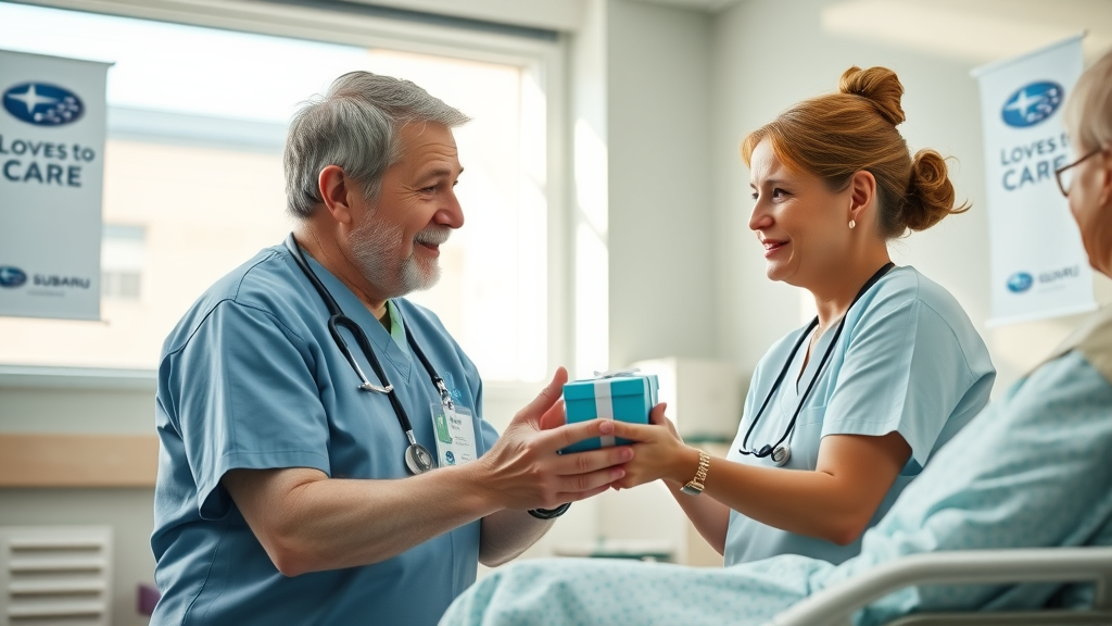 Caring Subaru volunteer interacting with hospital patient and nurse, representing Subaru Loves to Care