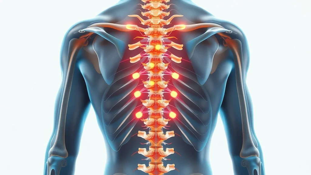 Detailed anatomical diagram of the human back showing the spinal nerves and pathways using a color-coded back nerves chart - photorealistic medical illustration for better understanding of spinal nerve function.