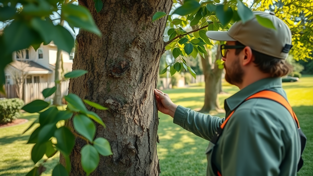 Arborist inspects tree for disease during tree service in Ledgewood, NJ