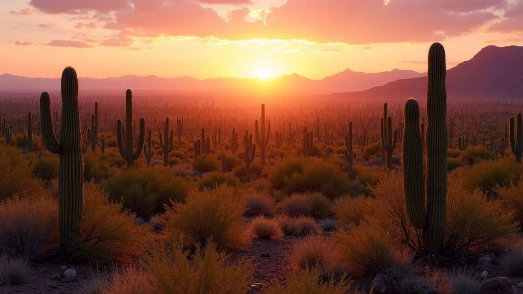 Saguaro National Park cactus forest drives at sunset with towering cacti and desert sky.