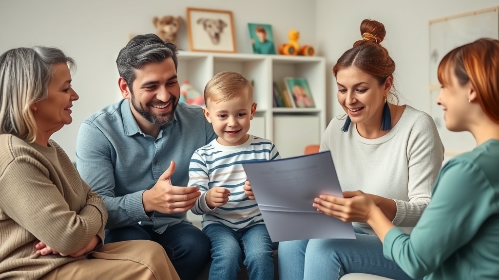 Family meeting with divorce mediation lawyer Hamden CT to review child custody agreement, toys and family photos in mediation room.