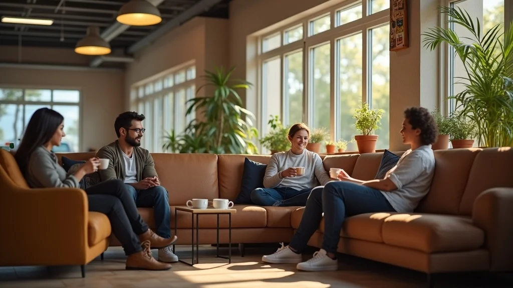 Cozy auto repair waiting area in Vista with relaxed customers and modern comfort