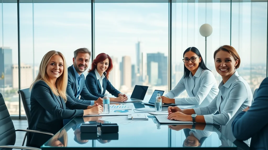 Professional business team in a modern office engaged in strategic financial planning meeting with city skyline views, charts, and laptops, highlighting outsourced cfo and financial strategy