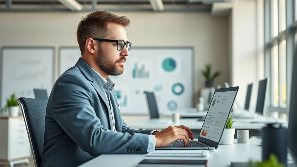 entrepreneur using AI dashboard on a laptop in a modern efficient business workspace