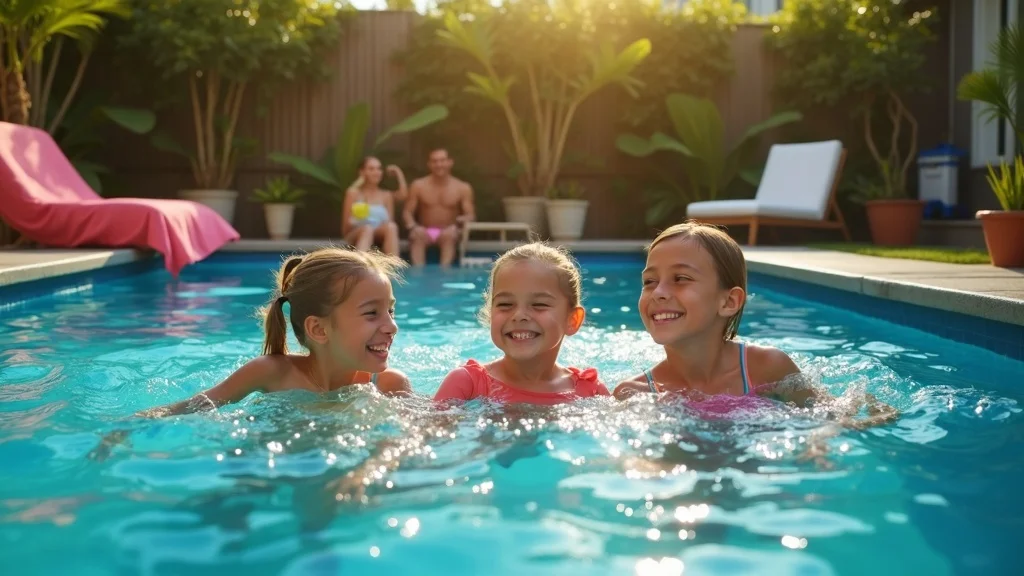 Family enjoying a professionally cleaned Miami pool with vibrant water and playful atmosphere