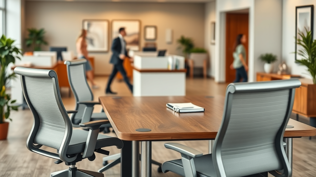 Quality ergonomic office chairs and desk showcasing budget-friendly office furniture
