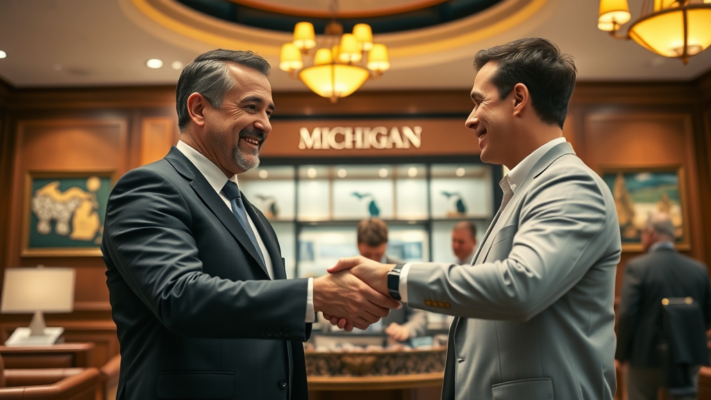 Banker and client shaking hands in a Michigan themed bank