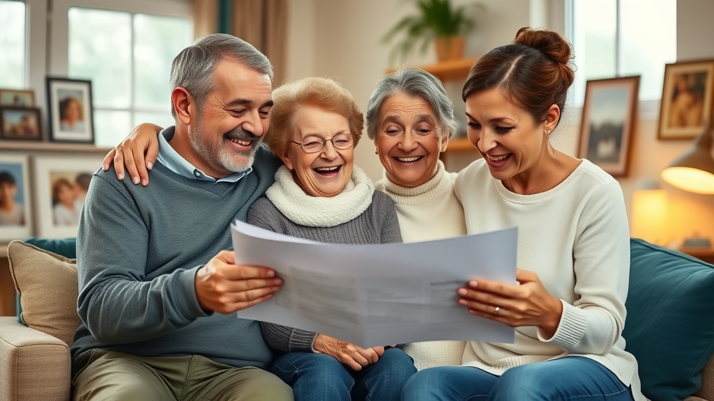 happy family reviewing tax credits documents living room