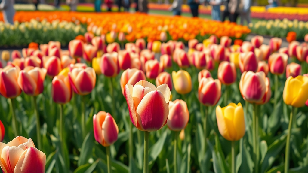 field of tulips, vibrant, blooming in full glory, Photorealistic High Fidelity Lifelike, floral festival with visitors, highly detailed, serene beauty, rich colors, natural daylight, shot with a wide-angle lens.