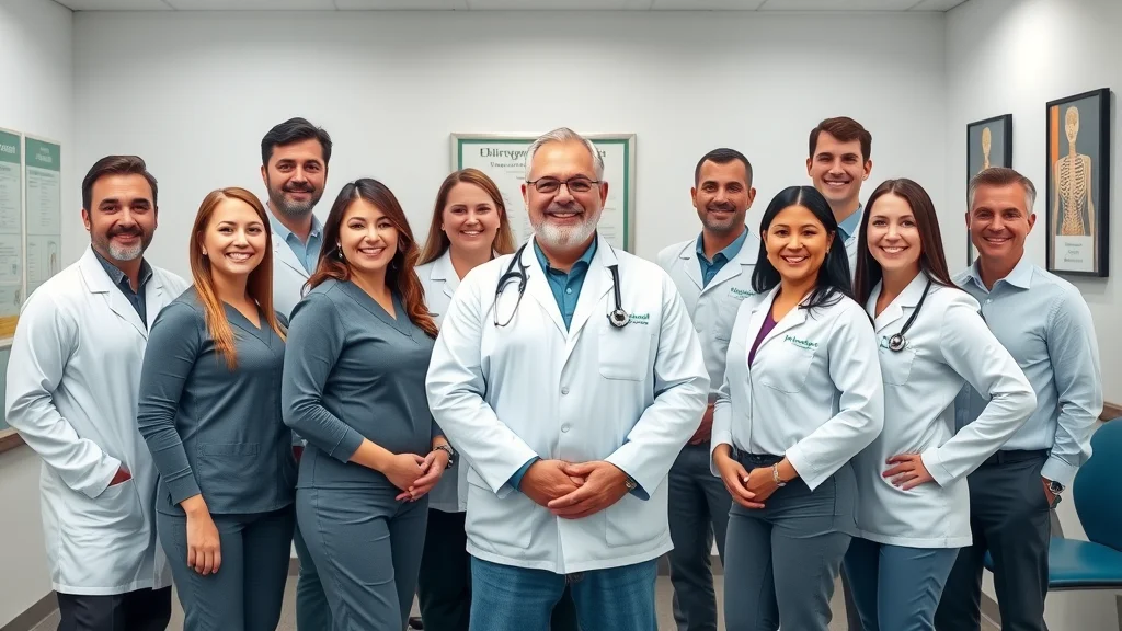 Expert Brittian Chiropractic team in a group portrait, standing confidently in a clinic with awards, highlighting their specialized Saturday chiropractic expertise.