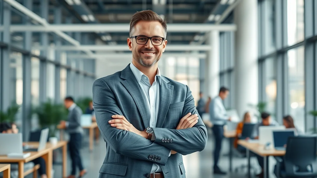 Professional business owner in modern office showing business focus and delegation in a collaborative work environment with financial systems in the background.