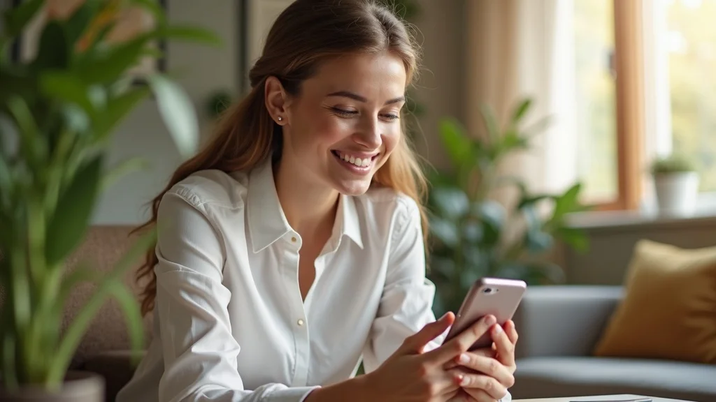 Happy accountant reading a positive review on a smartphone, showcasing impact of positive online reviews and reputation management, photorealistic, green/tan/white hues.
