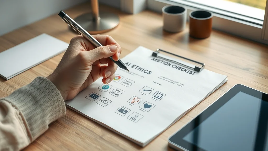 Close-up image of a hand checking items on an AI ethics checklist, each with icons for ethical AI governance pillars