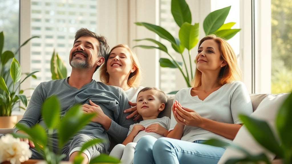 family breathing easily, relaxing in sunlit living room, happy and healthy expressions, Photorealistic High Fidelity Lifelike, lush indoor plants and pristine furniture, highly detailed, soft air currents, gentle sunlight, shot with a 50mm lens. Clean air