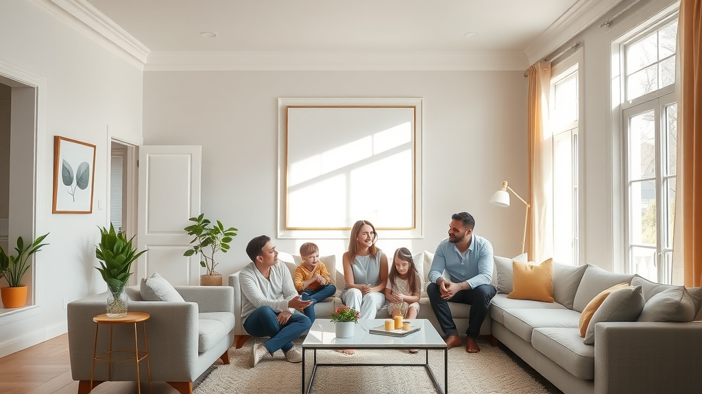 Elegantly painted modern living room in St. Paul. Relaxed family admiring transformation by professional painters St. Paul Minnesota, pastel and neutral color palette, sunlit with tasteful decor.