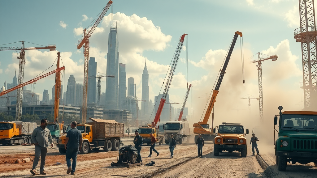 Dynamic construction site scene with heavy equipment financing solutions, workers, cranes, excavators, urban development, and bustling activity for new and used heavy equipment financing.